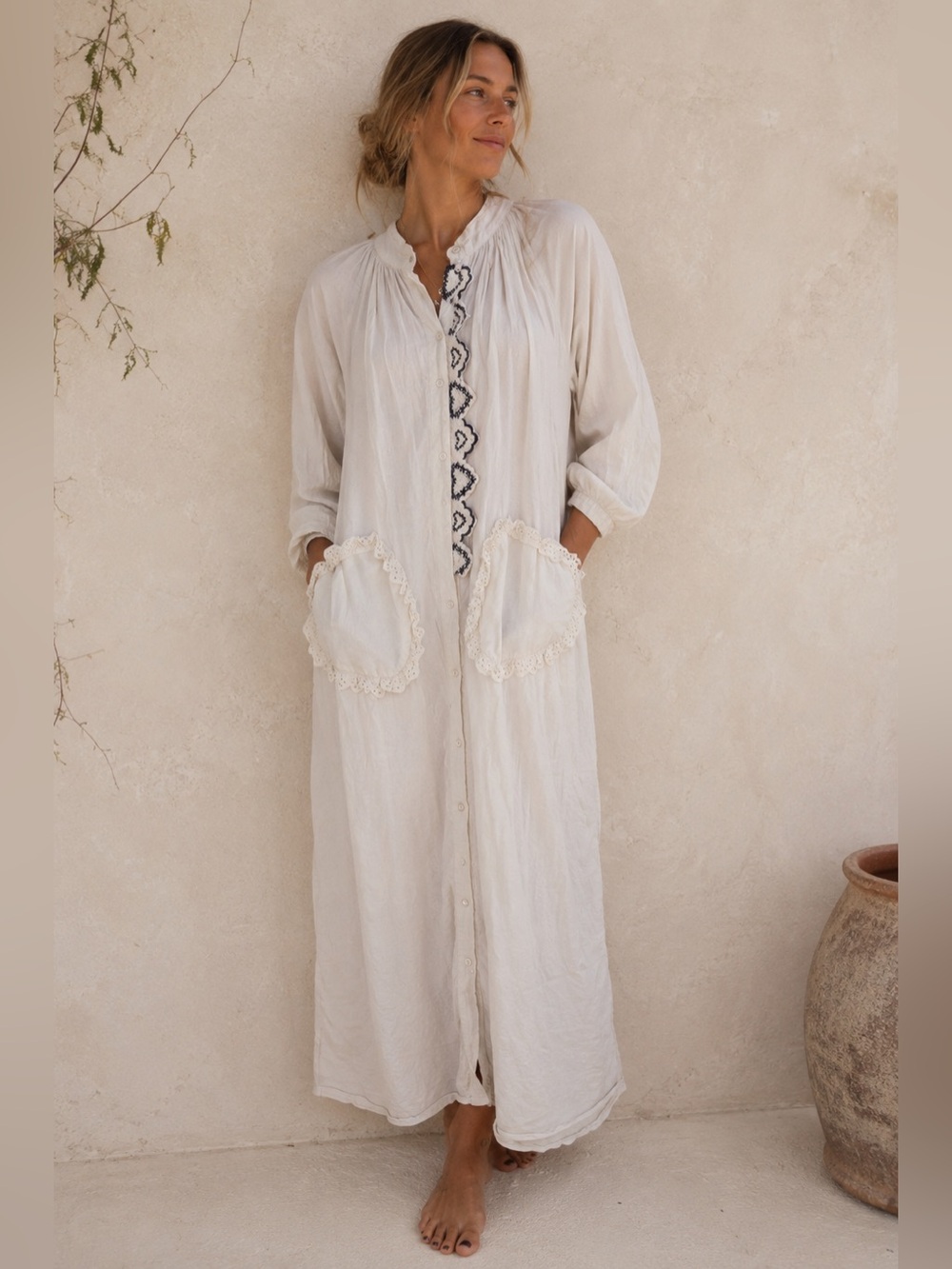 Johanna‎ Paris Lace Doily High Neck Cotton Maxi House Dress Romantic Boho Whimsy